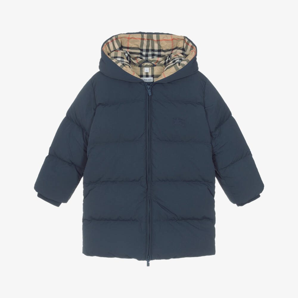 Burberry-Boys Navy Blue Puffer Coat with EKD Embroidery | Childrensalon Outlet