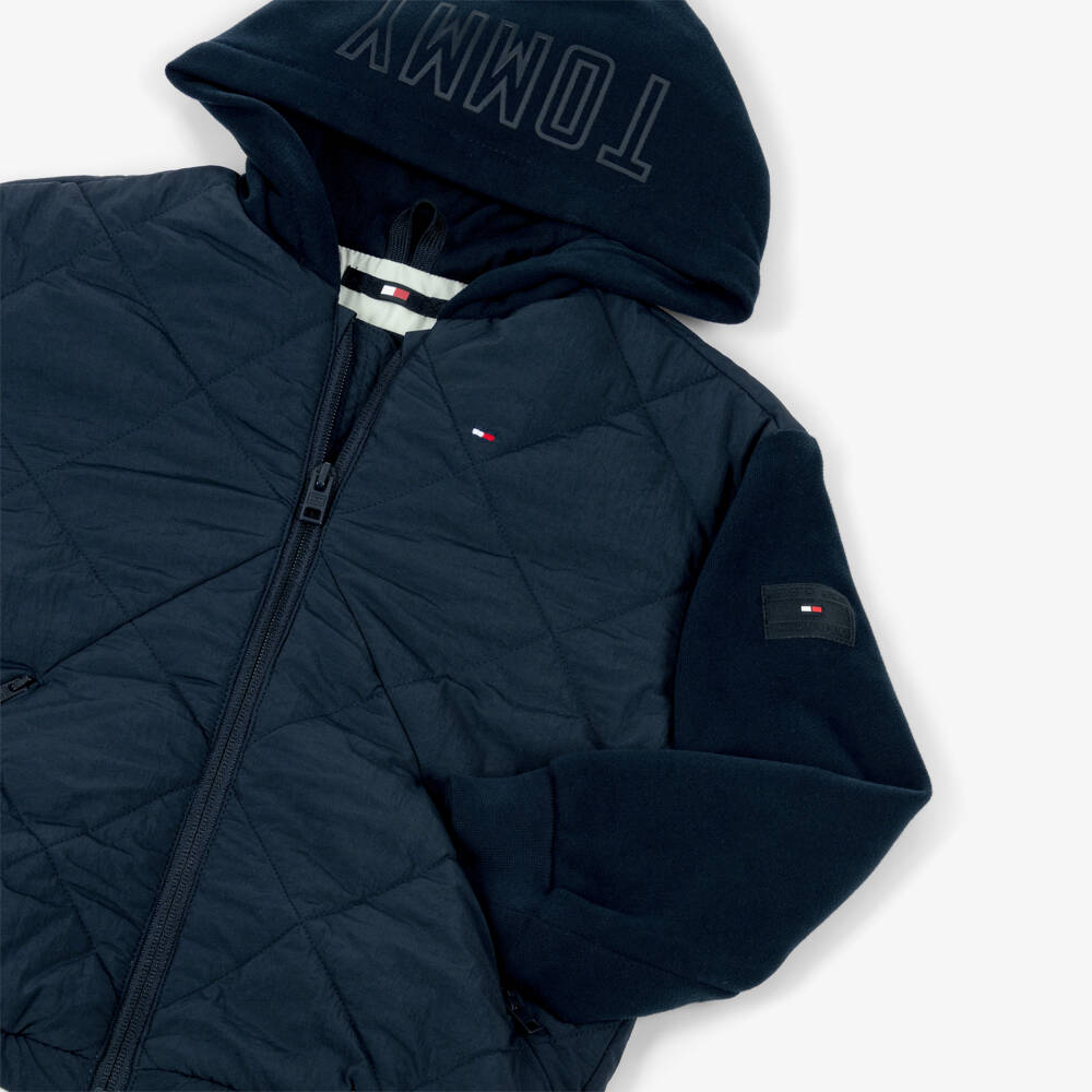 Tommy Hilfiger-Boys Navy Blue Quilted Jacket with Jersey Hood & Sleeves | Childrensalon Outlet