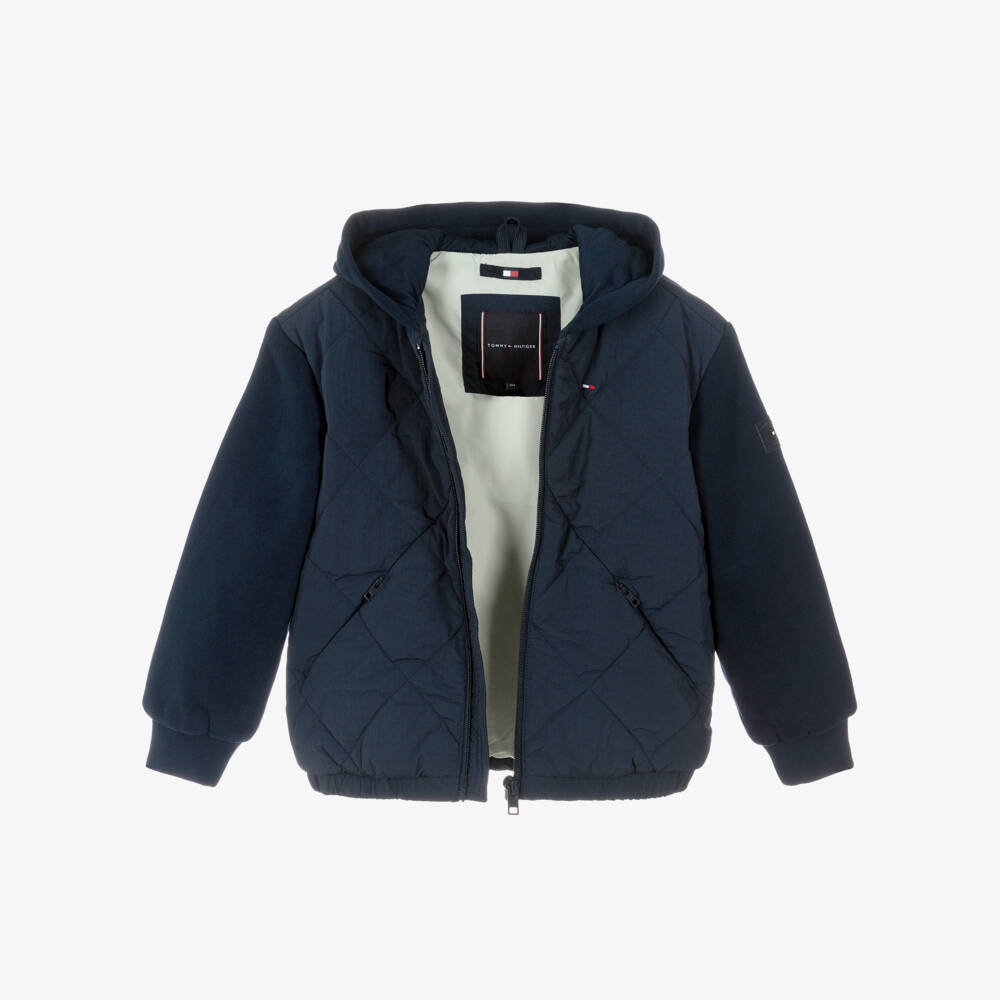 Tommy Hilfiger-Boys Navy Blue Quilted Jacket with Jersey Hood & Sleeves | Childrensalon Outlet