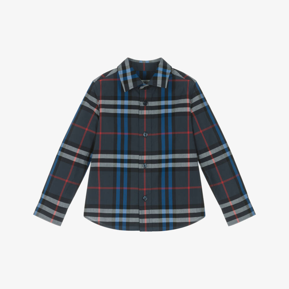 Burberry-Boys Navy Blue & Red Cotton Check Shirt | Childrensalon Outlet