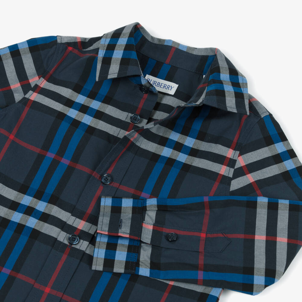 Burberry-Boys Navy Blue & Red Cotton Check Shirt | Childrensalon Outlet
