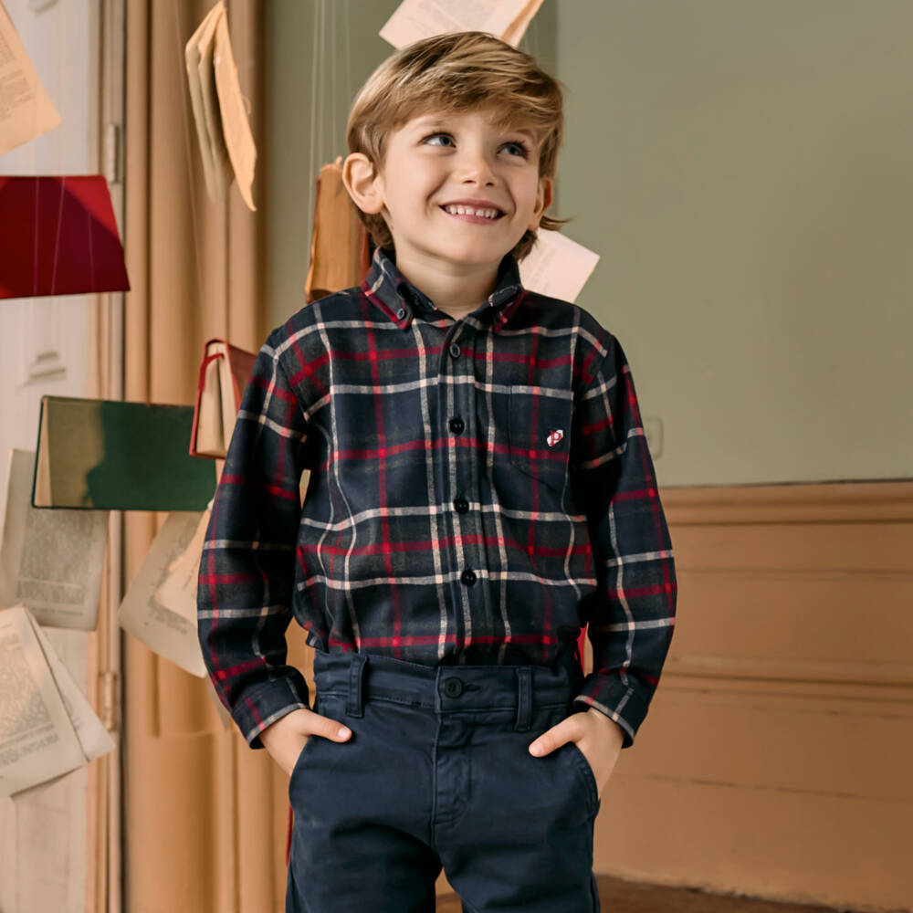 Patachou-Boys Navy Blue & Red Tartan Check Shirt | Childrensalon Outlet