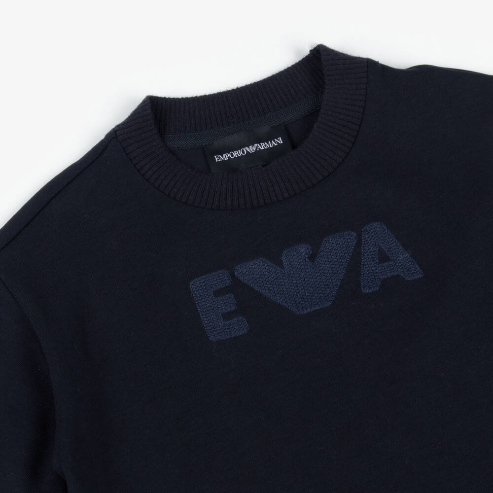 Emporio Armani-Boys Navy Blue Ribbed Crew Neck Cotton T-Shirt | Childrensalon Outlet