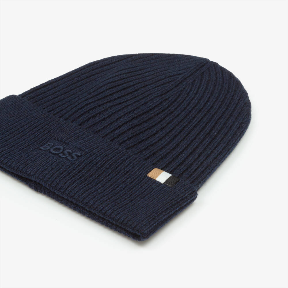 BOSS-Boys Navy Blue Ribbed Knit Beanie Hat | Childrensalon Outlet