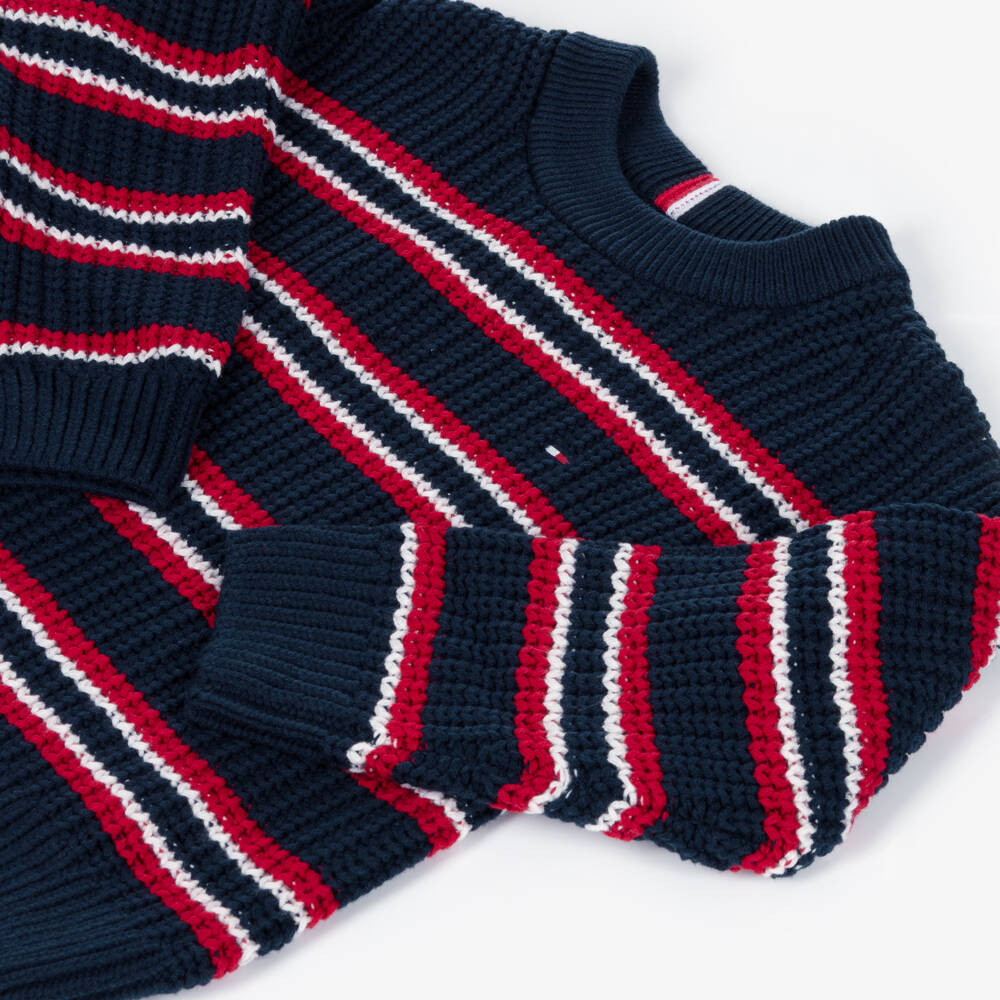 Tommy Hilfiger-Boys Navy Blue Striped Chunky Knit Sweater | Childrensalon Outlet
