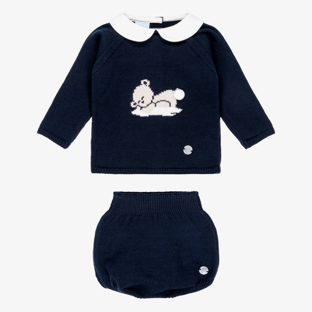 Artesanía Granlei-Boys Navy Blue Teddy Bear Knitted Shorts Set | Childrensalon Outlet