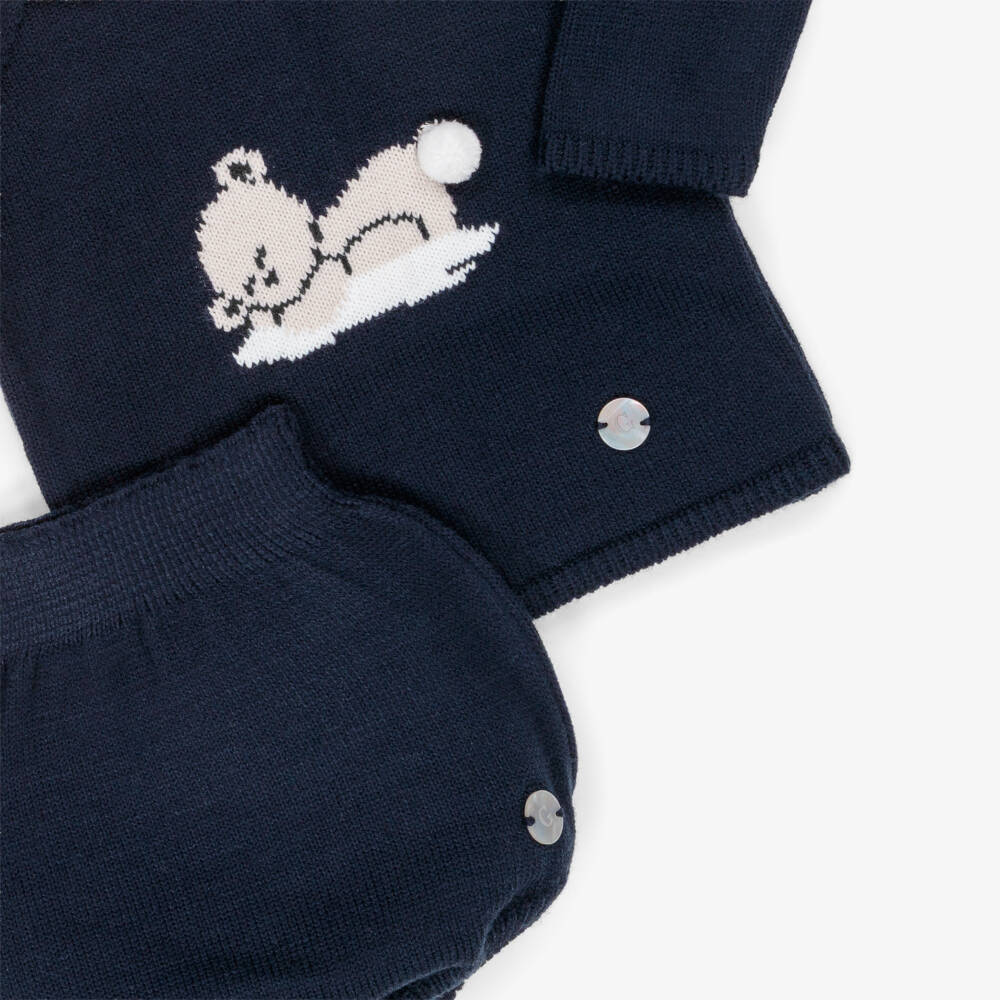 Artesanía Granlei-Boys Navy Blue Teddy Bear Knitted Shorts Set | Childrensalon Outlet