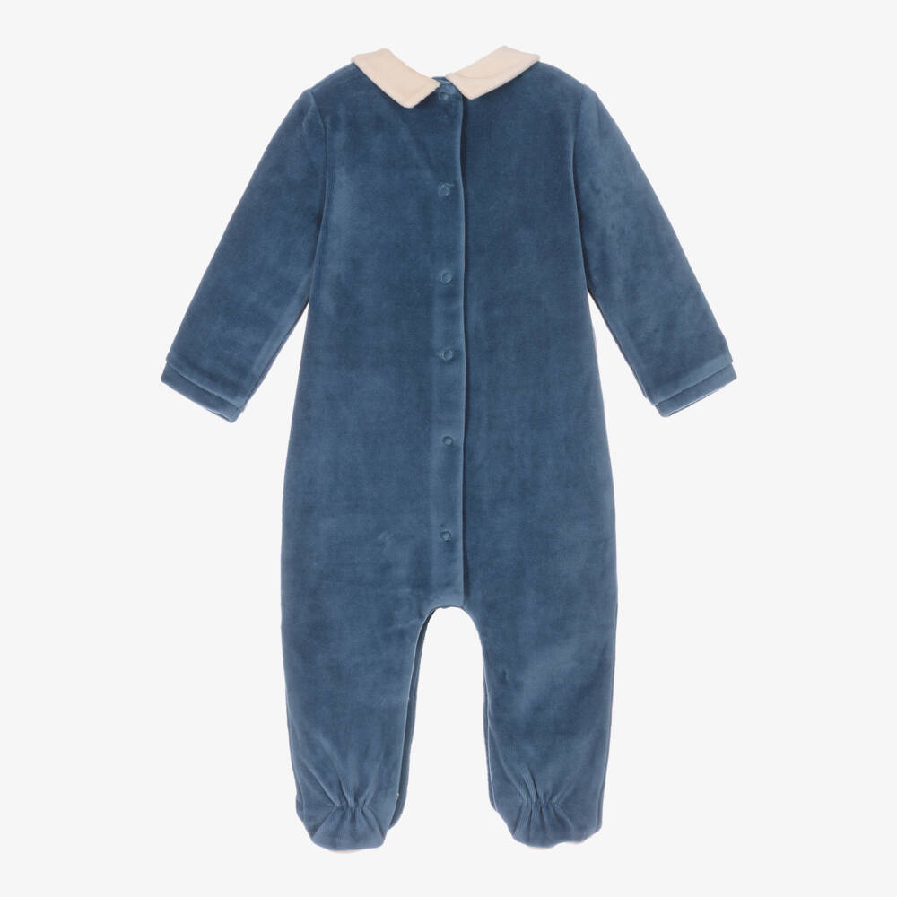 Mayoral Newborn-Boys Navy Blue Velour Babygrow with Car & Train Appliqués | Childrensalon Outlet