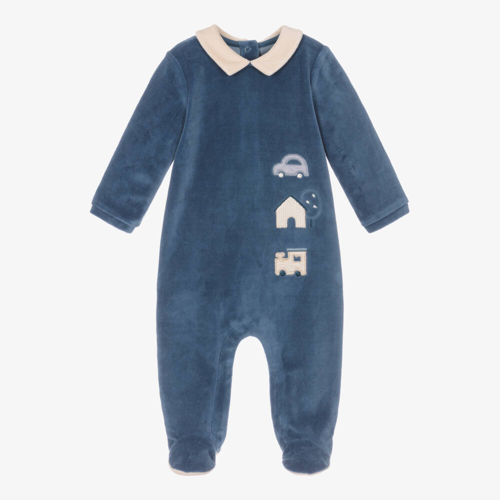 Mayoral Newborn-Boys Navy Blue Velour Babygrow with Car & Train Appliqués | Childrensalon Outlet