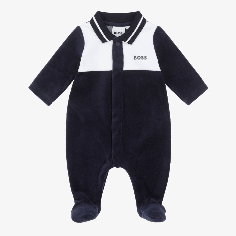 BOSS-Boys Navy Blue Velour Babygrow with Ribbed Collar | Childrensalon Outlet