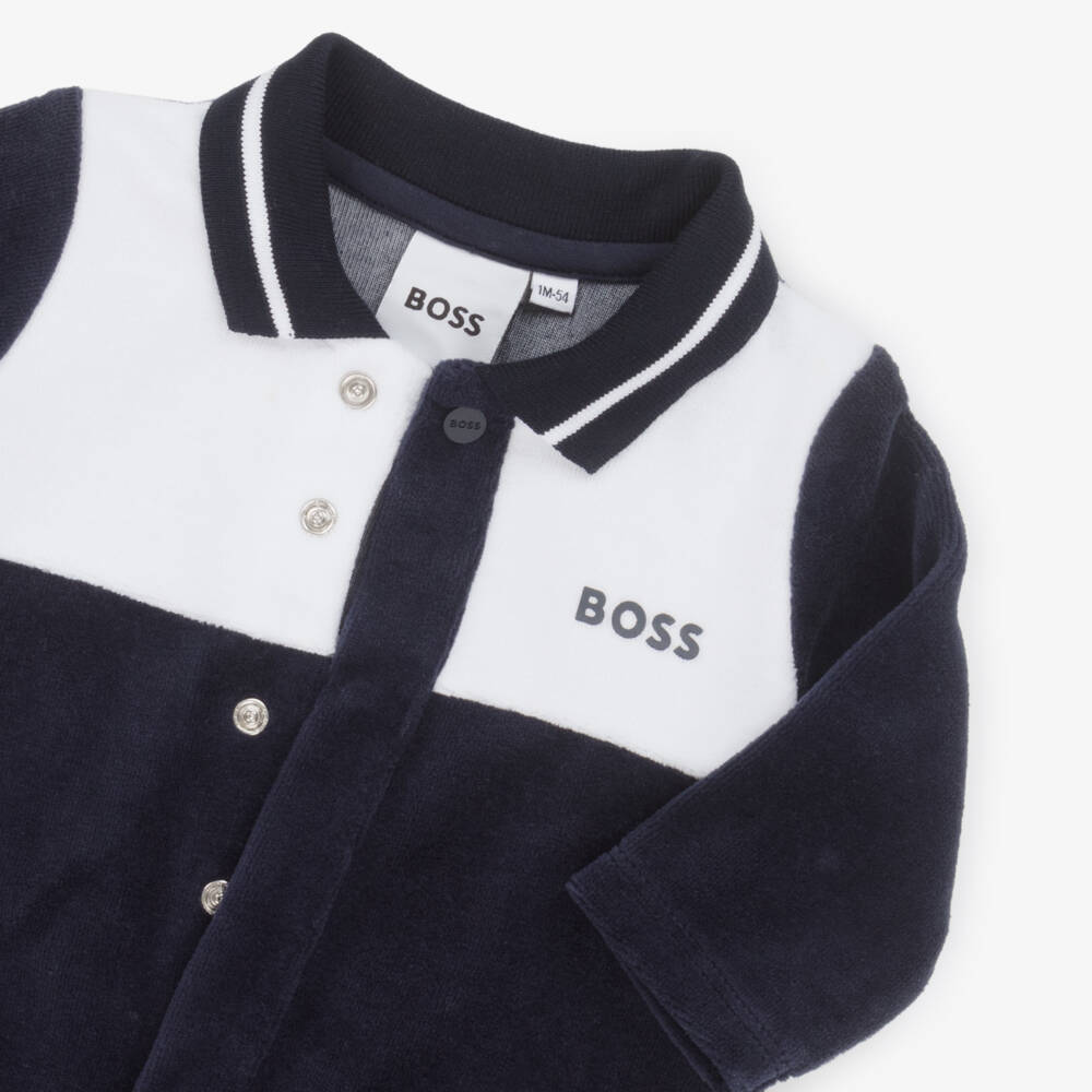 BOSS-Boys Navy Blue Velour Babygrow with Ribbed Collar | Childrensalon Outlet