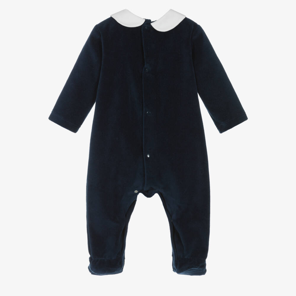 PAZ Rodríguez-Boys Navy Blue Velour Babygrow with White Collar | Childrensalon Outlet