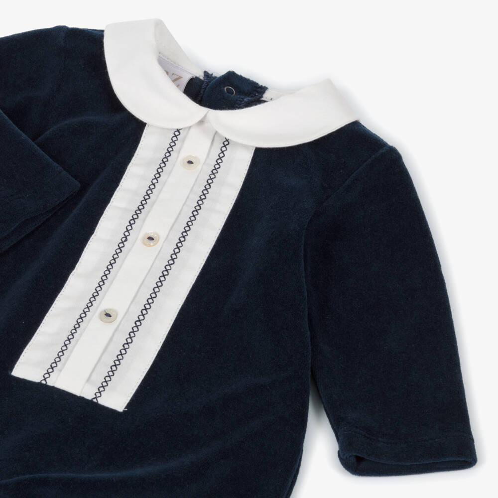 PAZ Rodríguez-Boys Navy Blue Velour Babygrow with White Collar | Childrensalon Outlet