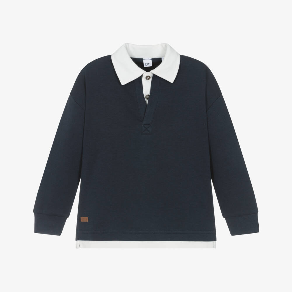 iDO-Boys Navy Blue & White Cotton Jersey Polo Shirt | Childrensalon Outlet