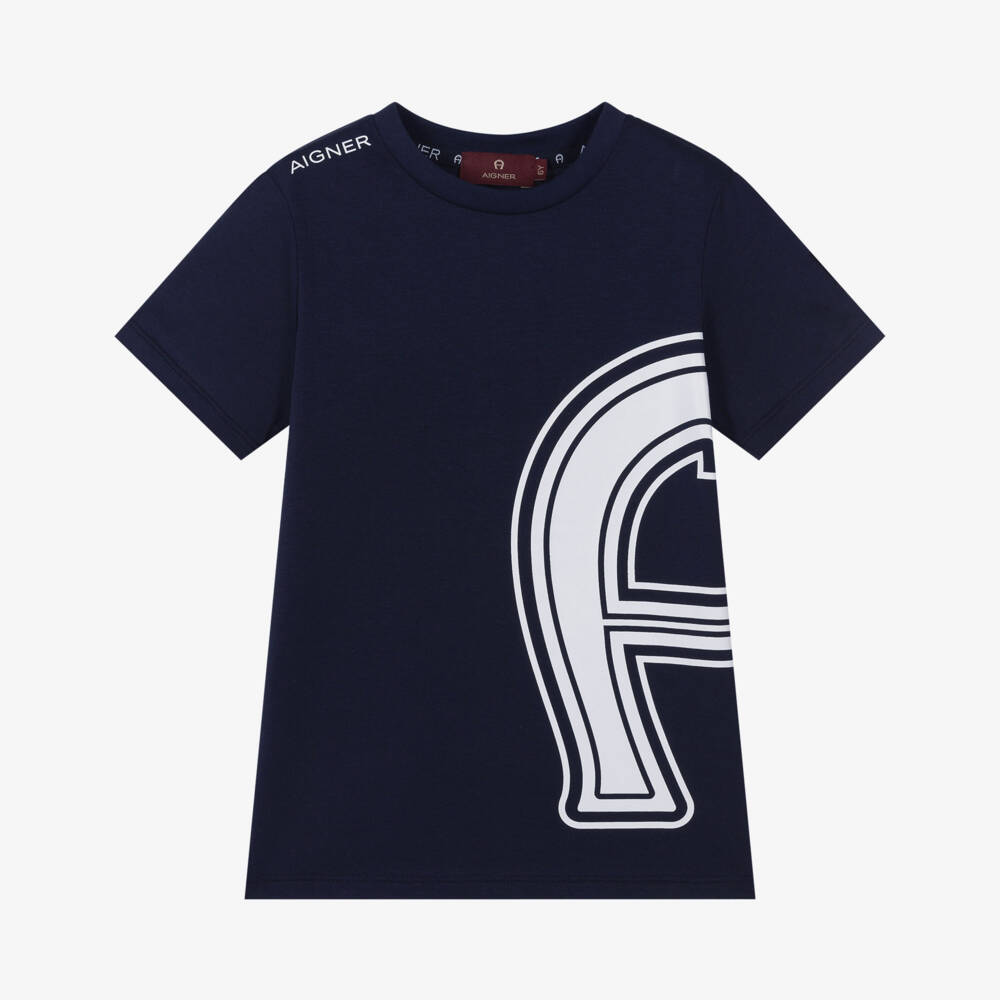 AIGNER-Boys Navy Blue & White Horseshoe Logo Cotton T-Shirt | Childrensalon Outlet