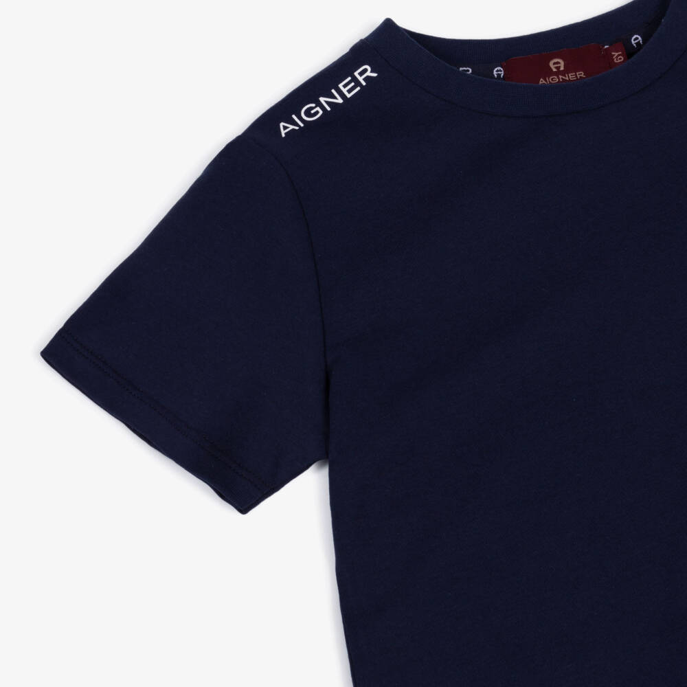 AIGNER-Boys Navy Blue & White Horseshoe Logo Cotton T-Shirt | Childrensalon Outlet