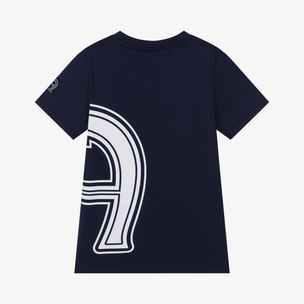 AIGNER-Boys Navy Blue & White Horseshoe Logo Cotton T-Shirt | Childrensalon Outlet