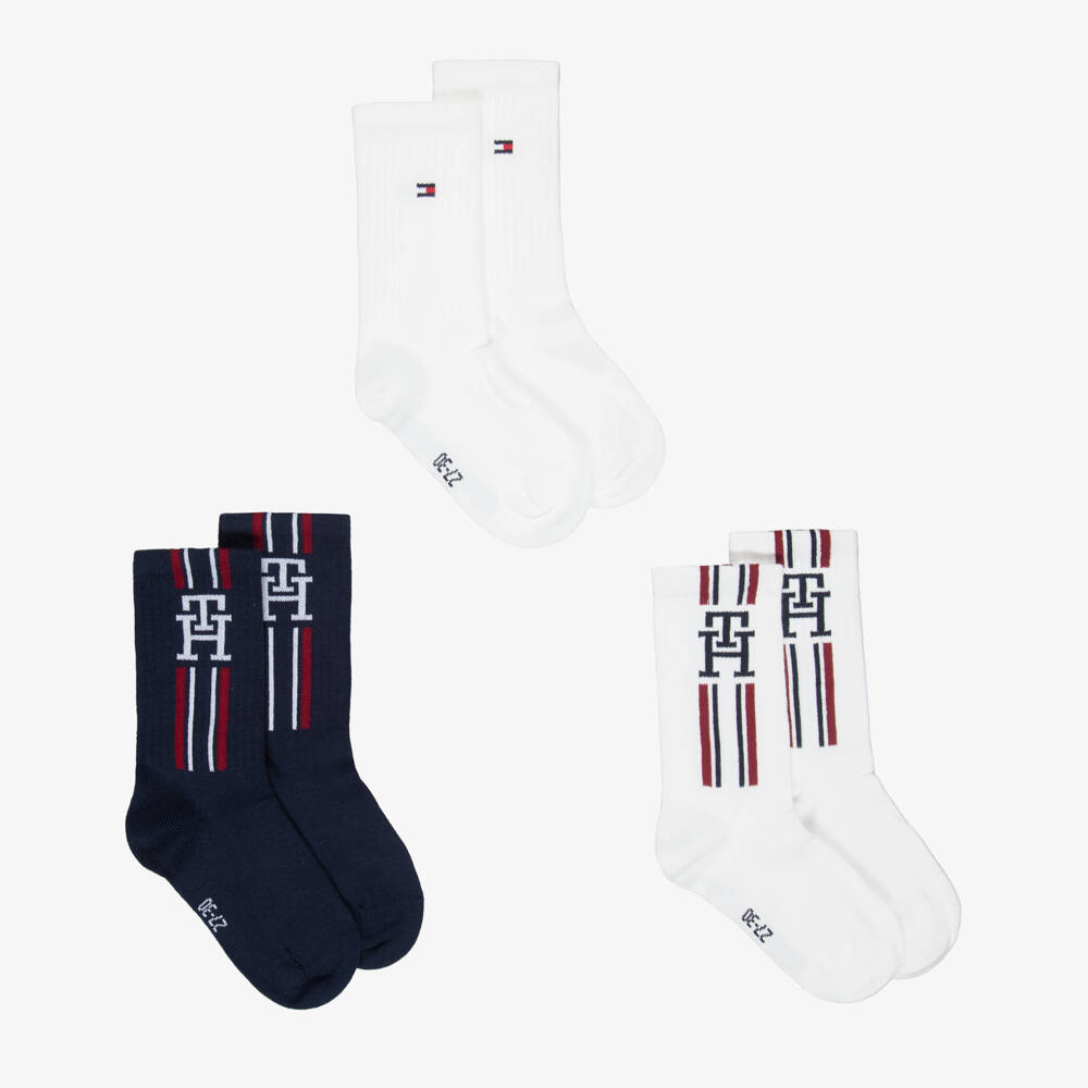 Tommy Hilfiger-Boys Navy Blue & White Logo Ankle Socks (3 Pack) | Childrensalon Outlet