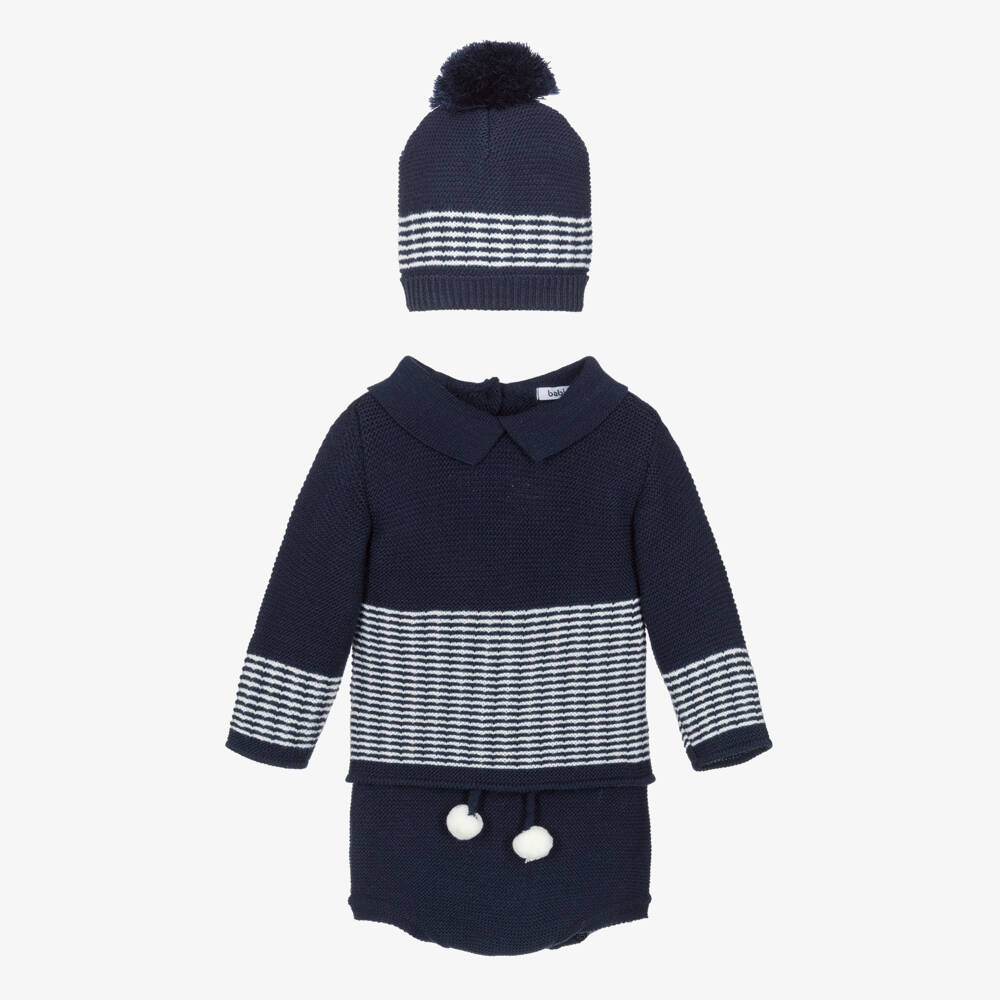Babidu-Boys Navy Blue & White Stripe Knitted Shorts Set | Childrensalon Outlet