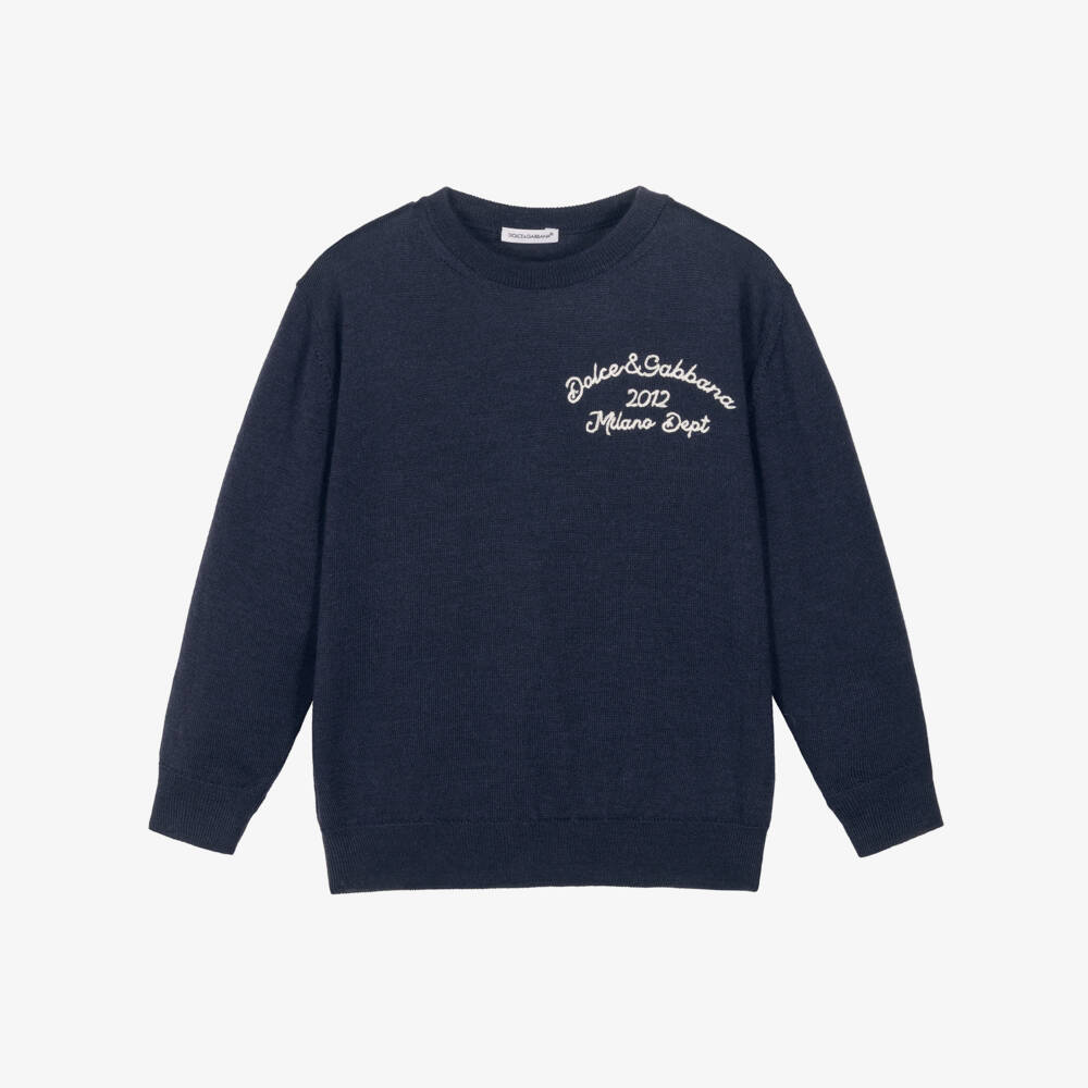 Dolce & Gabbana-Boys Navy Blue Wool Embroidered Sweater | Childrensalon Outlet