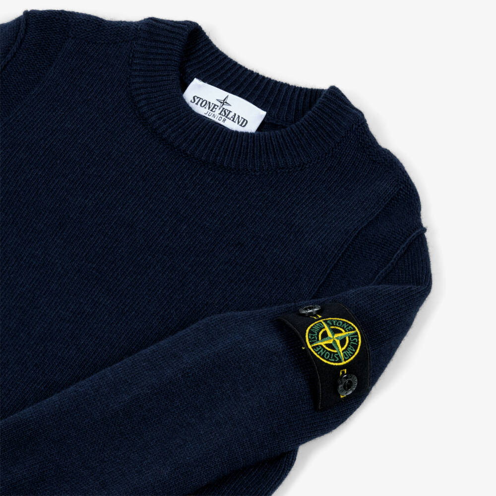 Stone Island Junior-Boys Navy Blue Wool Knit Sweater with Logo Badge | Childrensalon Outlet