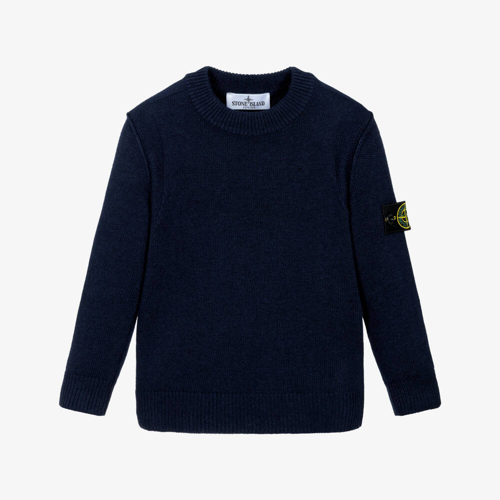 Stone Island Junior-Boys Navy Blue Wool Knit Sweater with Logo Badge | Childrensalon Outlet