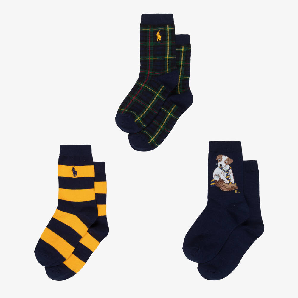 Ralph Lauren-Boys Navy Blue & Yellow Knitted Socks with Dog Motif (3 Pack) | Childrensalon Outlet