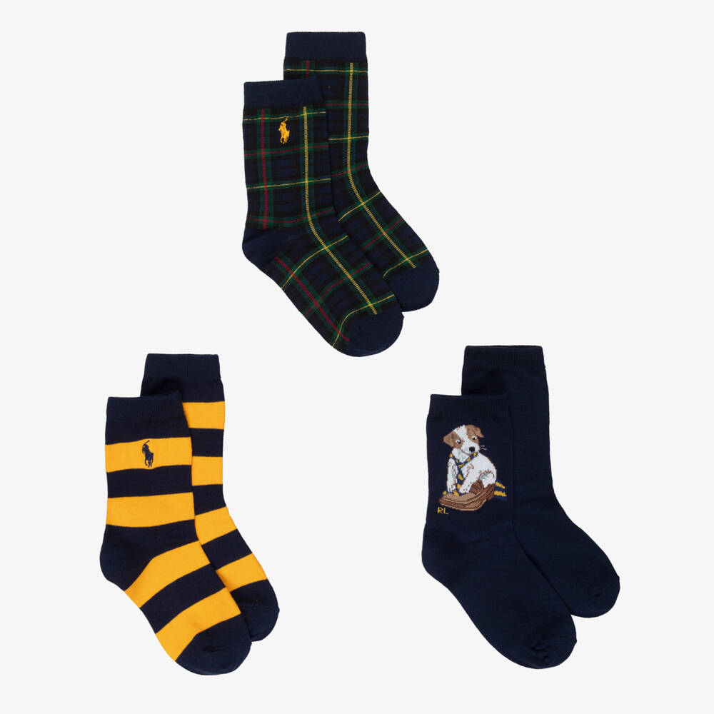 Ralph Lauren-Boys Navy Blue & Yellow Knitted Socks with Dog Motif (3 Pack) | Childrensalon Outlet