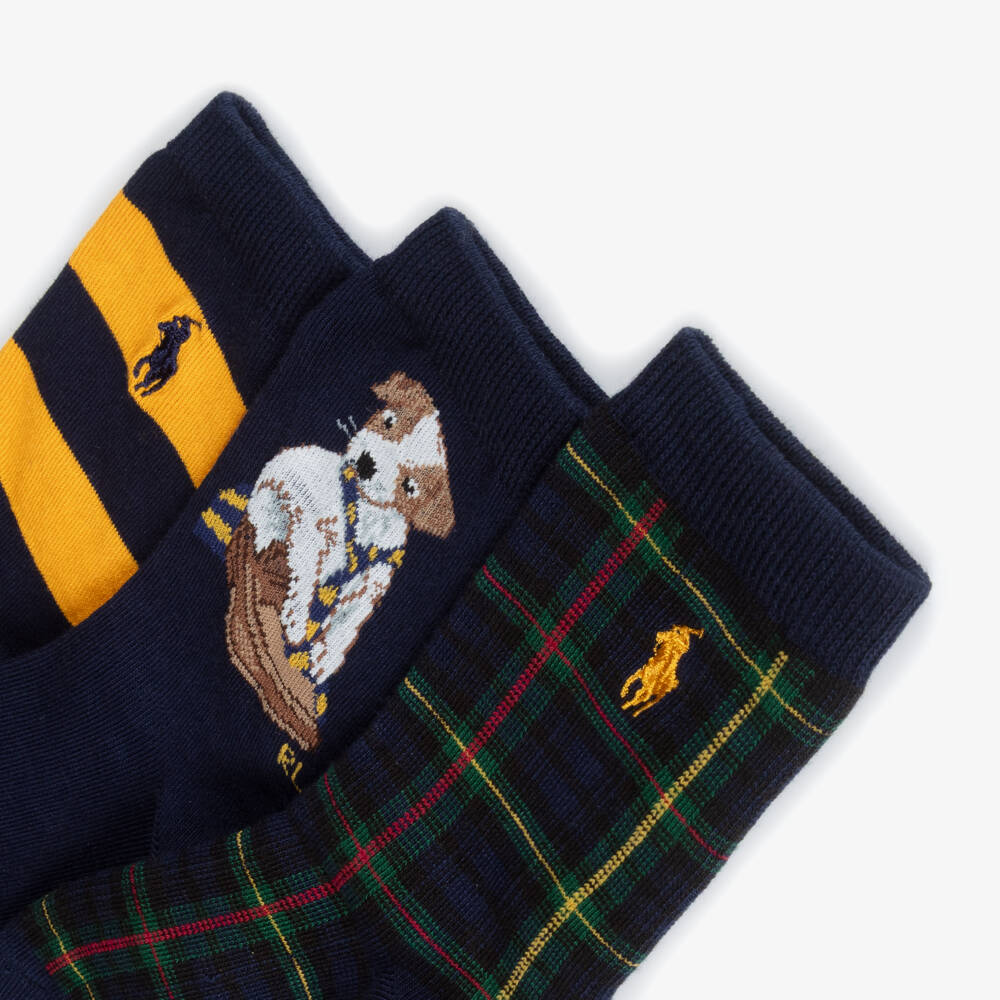 Ralph Lauren-Boys Navy Blue & Yellow Knitted Socks with Dog Motif (3 Pack) | Childrensalon Outlet