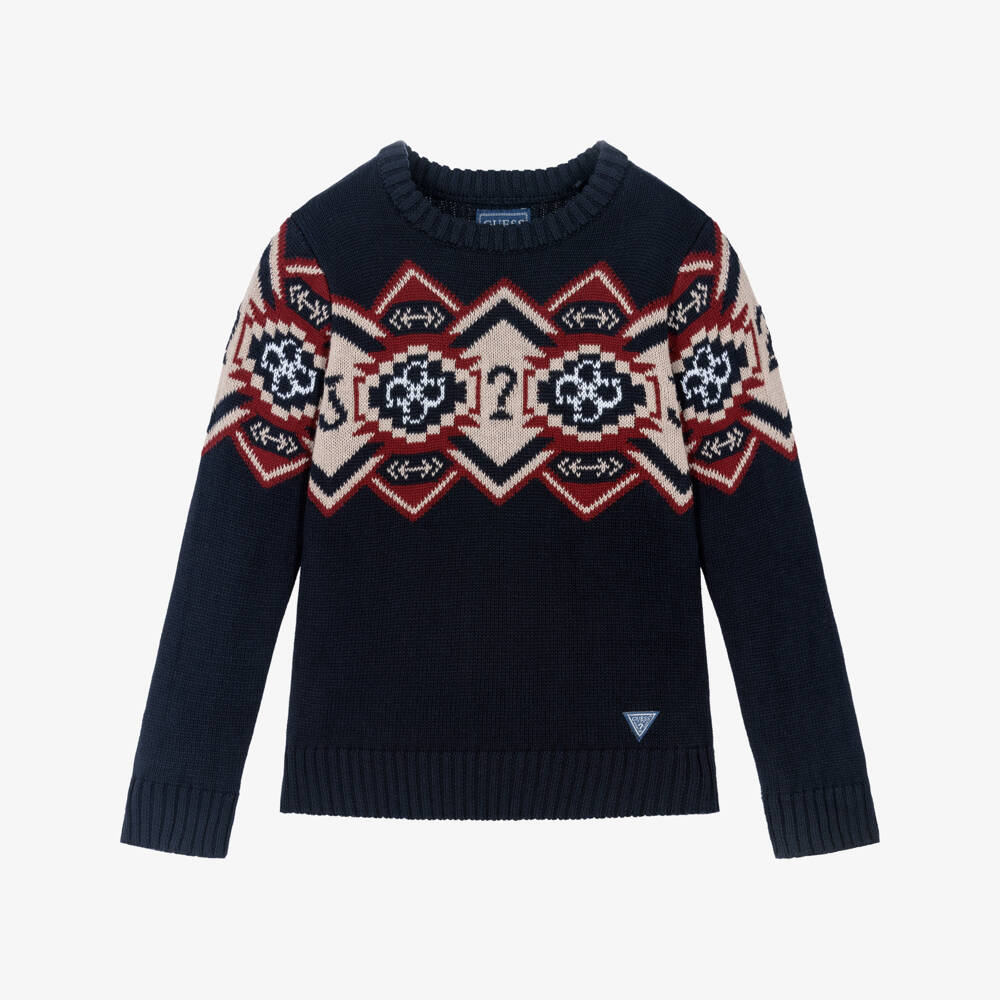 Guess-Boys Nay Blue Knitted Sweater with 4g Logo | Childrensalon Outlet
