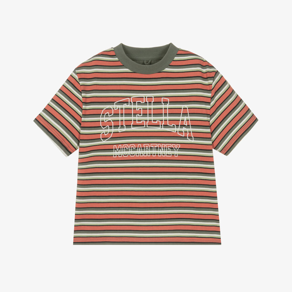 Stella McCartney Kids-Boys Orange & Green Striped Cotton T-Shirt with Varsity Logo | Childrensalon Outlet