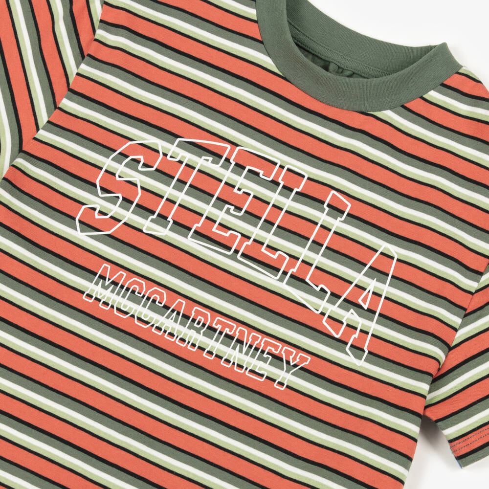 Stella McCartney Kids-Boys Orange & Green Striped Cotton T-Shirt with Varsity Logo | Childrensalon Outlet