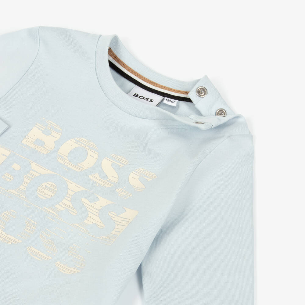 BOSS-Boys Pale Blue Cotton Logo Top | Childrensalon Outlet