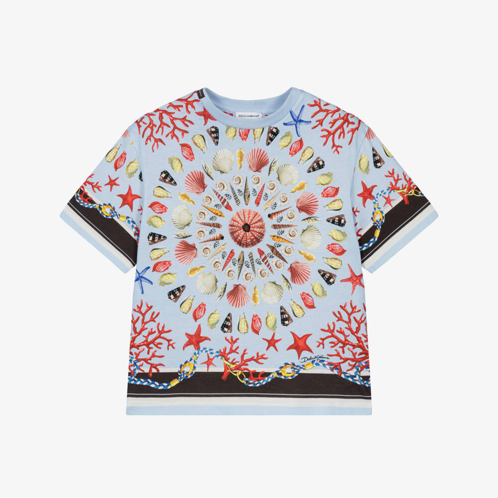 Dolce & Gabbana-Boys Pale Blue Cotton Sea Shell Print T-Shirt | Childrensalon Outlet