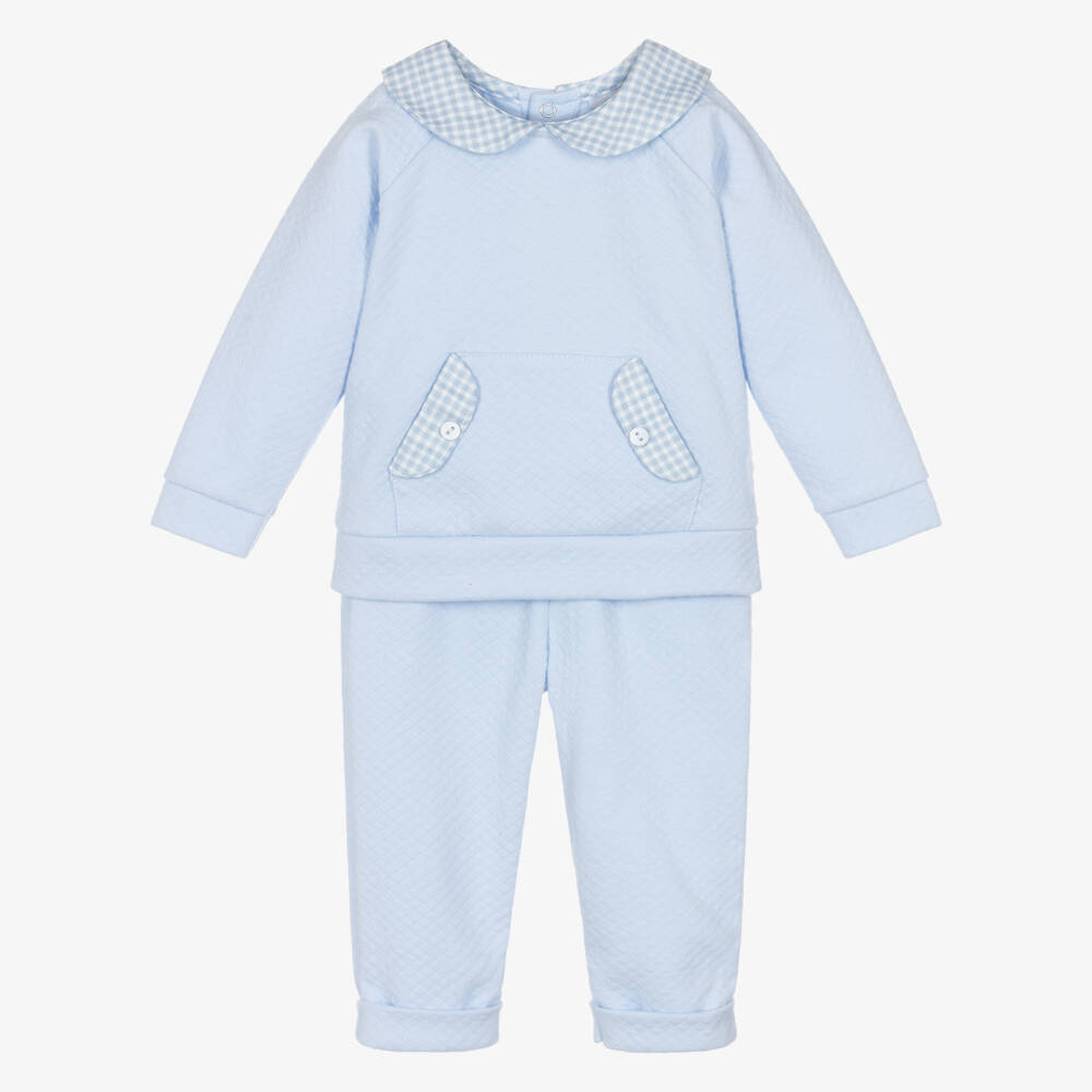 Babidu-Boys Pale Blue Cotton Trouser Set with Gingham Collar | Childrensalon Outlet