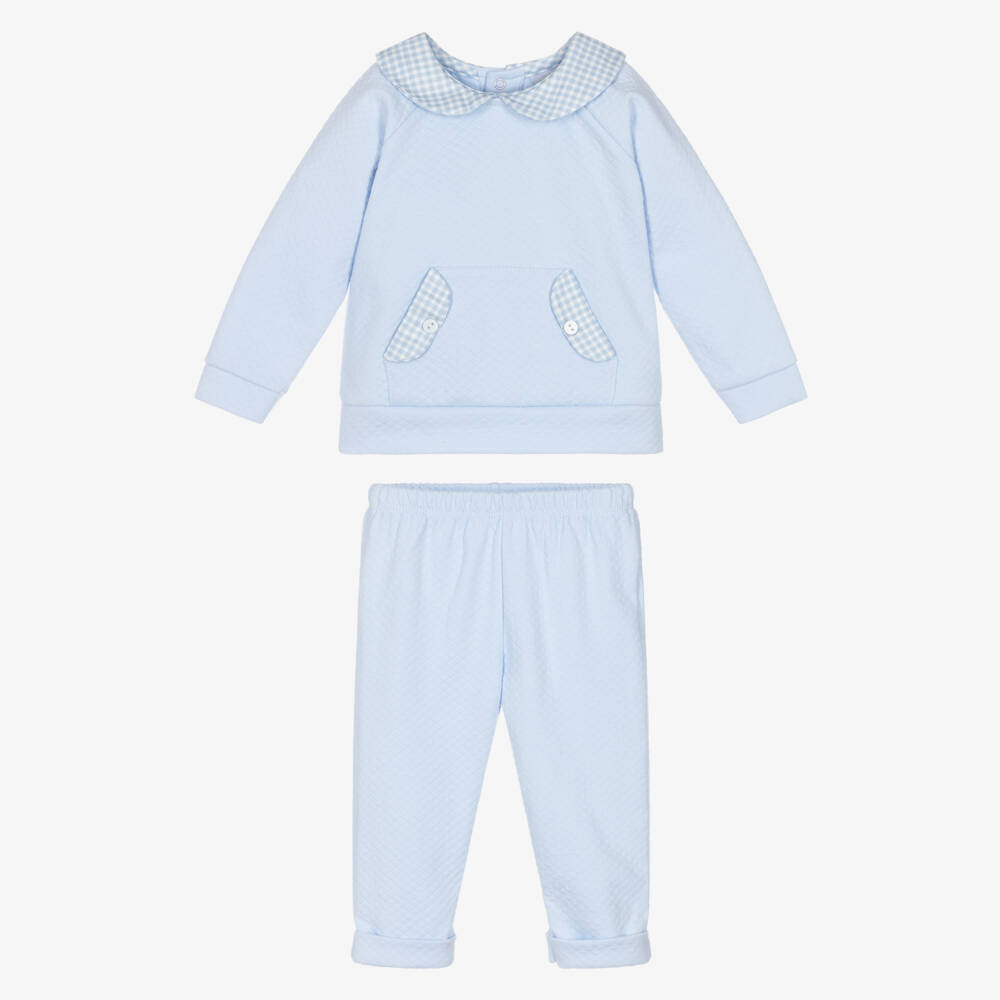 Babidu-Boys Pale Blue Cotton Trouser Set with Gingham Collar | Childrensalon Outlet