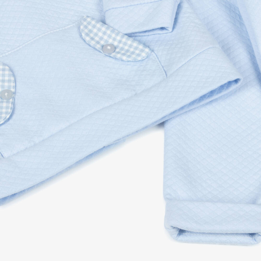 Babidu-Boys Pale Blue Cotton Trouser Set with Gingham Collar | Childrensalon Outlet
