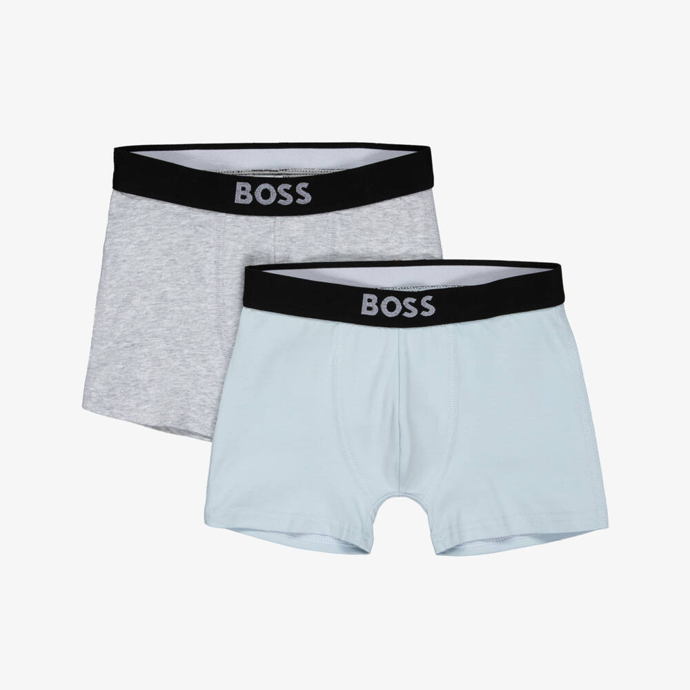 BOSS-Boys Pale Blue & Grey Cotton Jersey Boxers (2 Pack) | Childrensalon Outlet