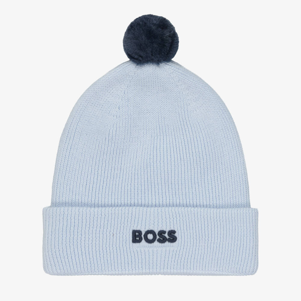 BOSS-Boys Pale Blue Knitted Cotton Pom-Pom Hat | Childrensalon Outlet