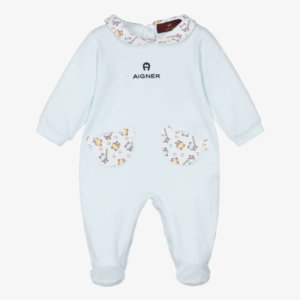 AIGNER-Boys Pale Blue Pima Cotton Teddy Babygrow | Childrensalon Outlet