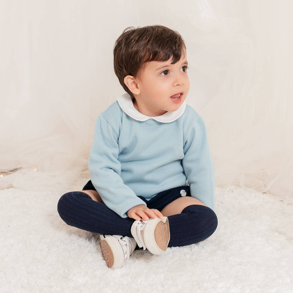 Artesanía Granlei-Boys Pale Blue Sweater & Navy Blue Cotton Shorts Set | Childrensalon Outlet