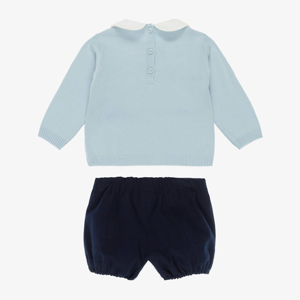 Artesanía Granlei-Boys Pale Blue Sweater & Navy Blue Cotton Shorts Set | Childrensalon Outlet