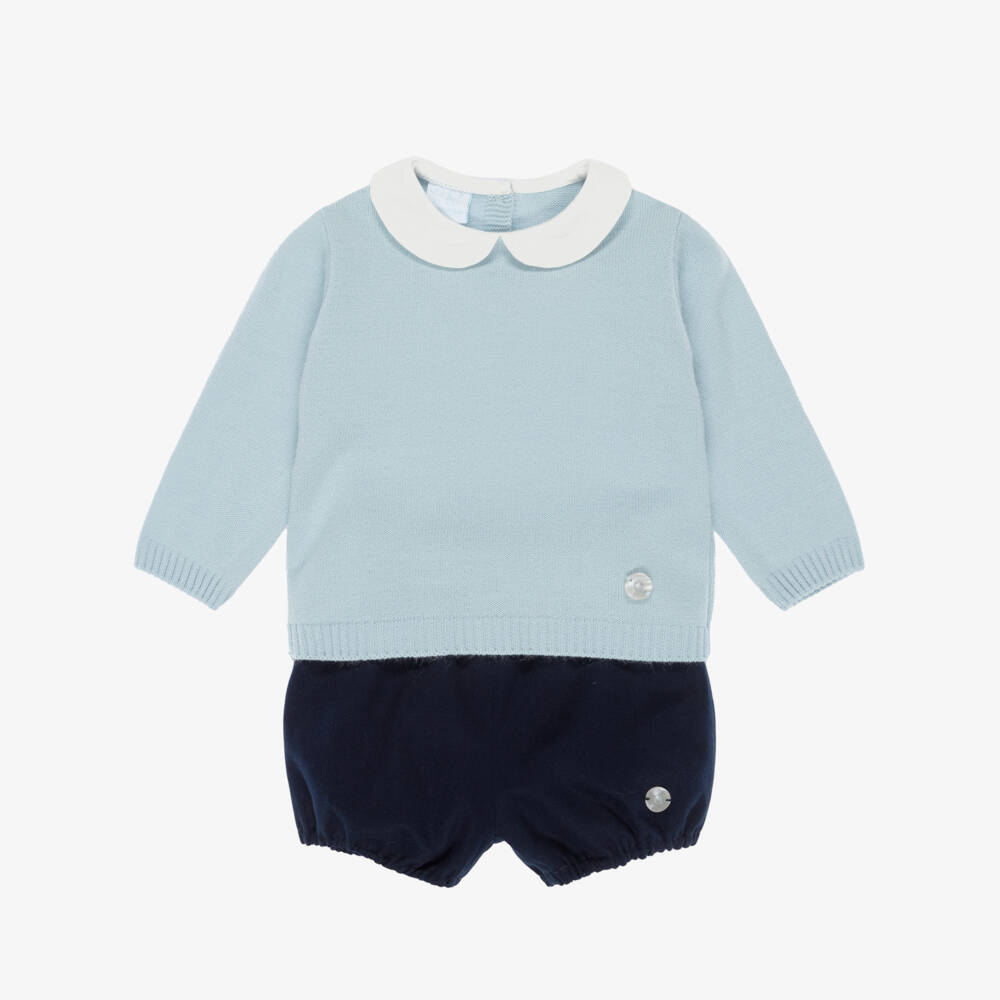 Artesanía Granlei-Boys Pale Blue Sweater & Navy Blue Cotton Shorts Set | Childrensalon Outlet