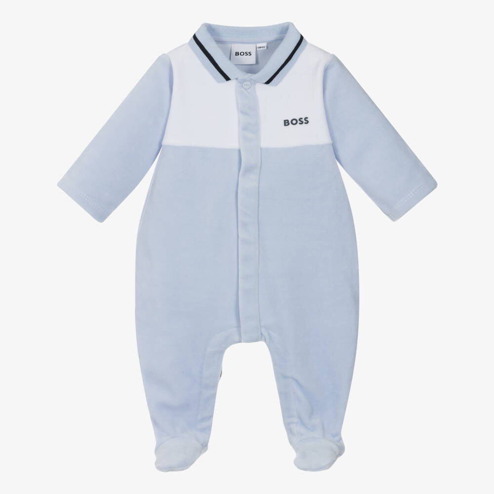 BOSS-Boys Pale Blue Velour Babygrow with Ribbed Collar | Childrensalon Outlet