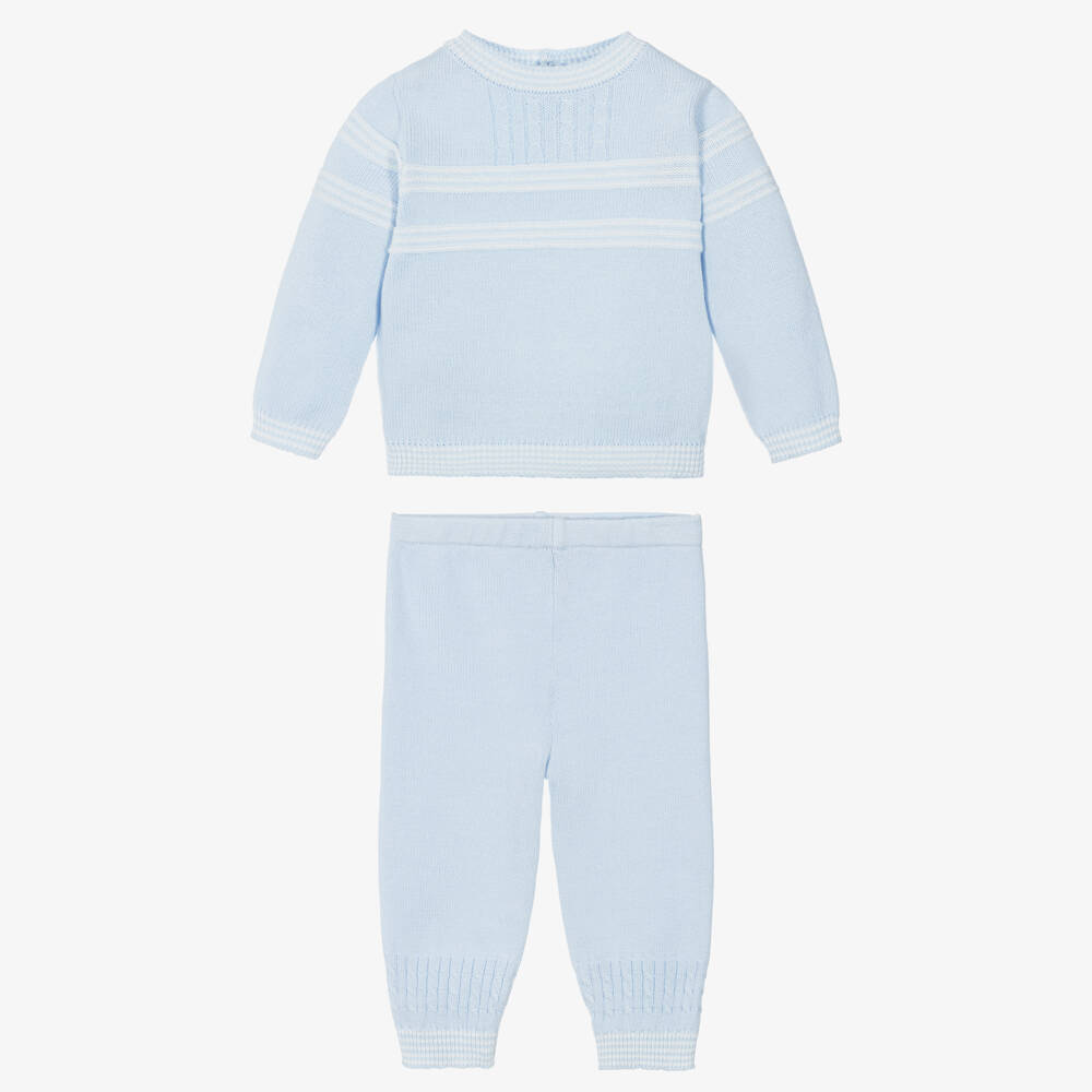 Sarah Louise-Boys Pale Blue & White Stripe Cotton Knit Trouser Set | Childrensalon Outlet