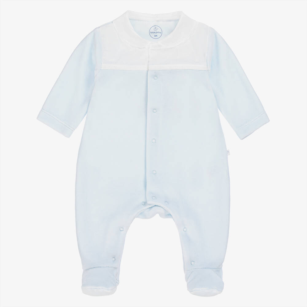 Laranjinha-Boys Pale Blue & White Velour Babygrow | Childrensalon Outlet