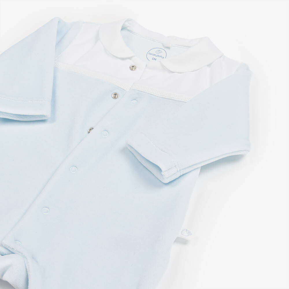 Laranjinha-Boys Pale Blue & White Velour Babygrow | Childrensalon Outlet