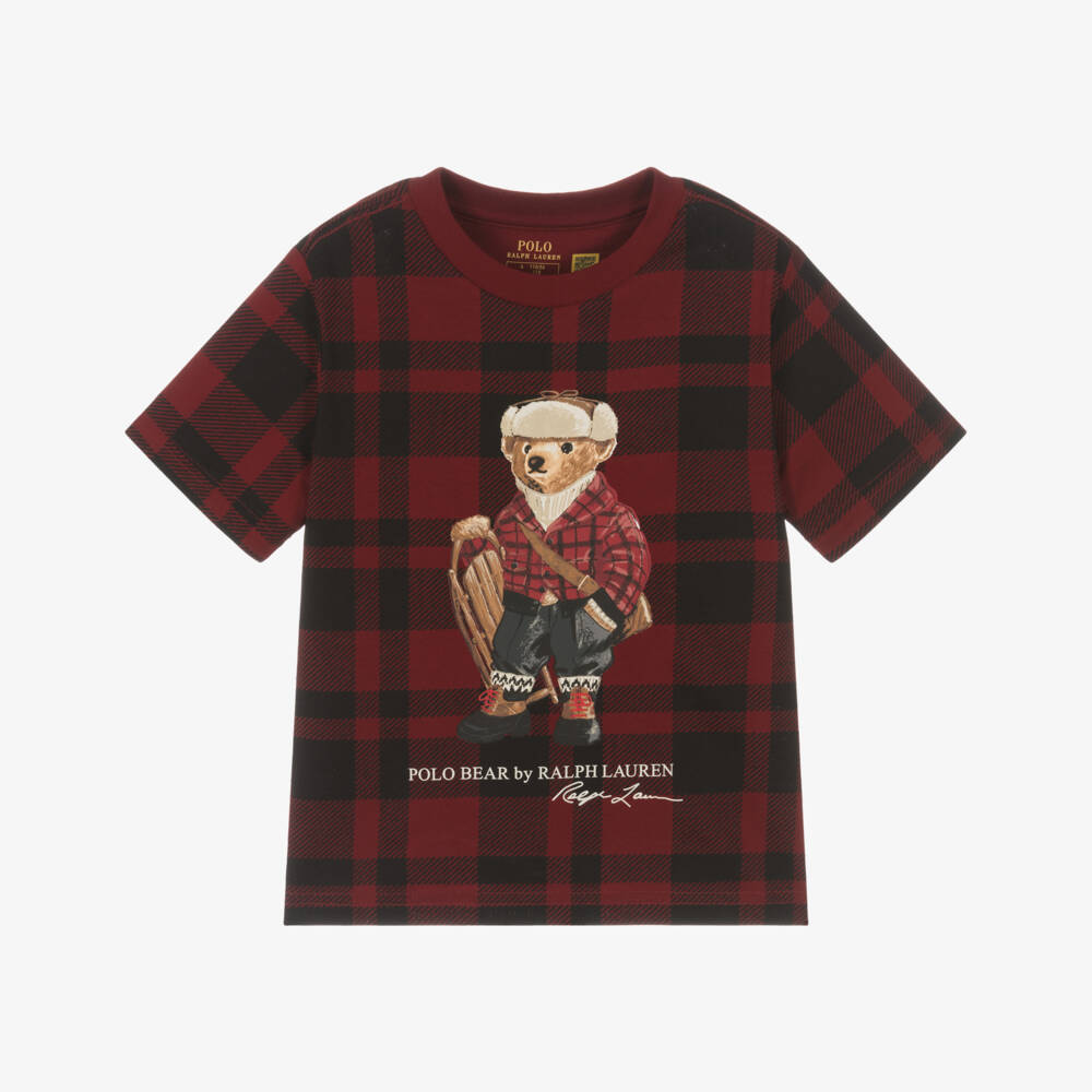 Ralph Lauren-Boys Red Check Polo Bear Cotton T-Shirt | Childrensalon Outlet