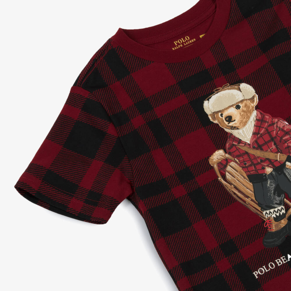Ralph Lauren-Boys Red Check Polo Bear Cotton T-Shirt | Childrensalon Outlet