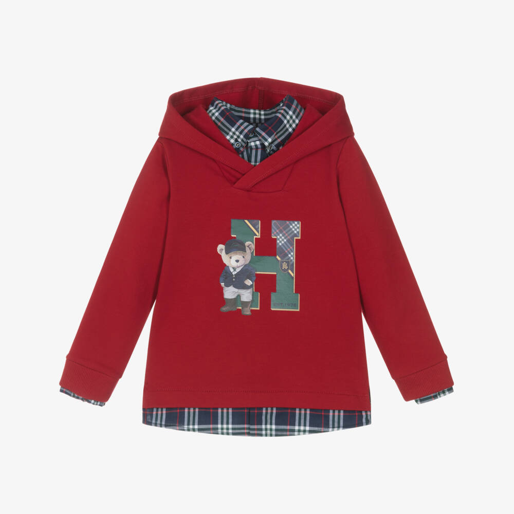 Lapin House-Boys Red Cotton Preppy Hoodie with Layered Look | Childrensalon Outlet